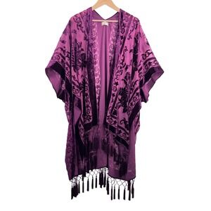 Wehello Purple Burnout Velvet Floral Kimono Tassel Fringe duster boho western